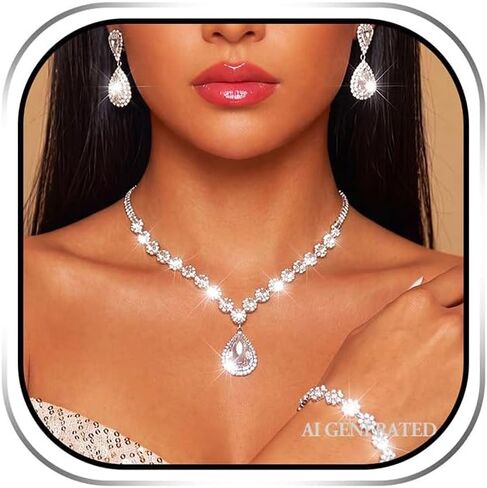 Sixexey Rhinestone Silver Jewelry Set Bridal Crystal Necklace Earrings Wedding Prom Costume Jewelry Accessories for Women in Kuwait
