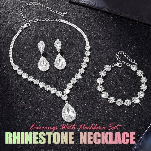 Sixexey Rhinestone Silver Jewelry Set Bridal Crystal Necklace Earrings Wedding Prom Costume Jewelry Accessories for Women in Kuwait