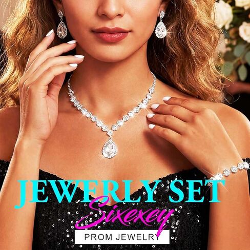 Sixexey Rhinestone Silver Jewelry Set Bridal Crystal Necklace Earrings Wedding Prom Costume Jewelry Accessories for Women in Kuwait