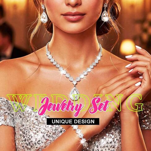 Sixexey Rhinestone Silver Jewelry Set Bridal Crystal Necklace Earrings Wedding Prom Costume Jewelry Accessories for Women in Kuwait