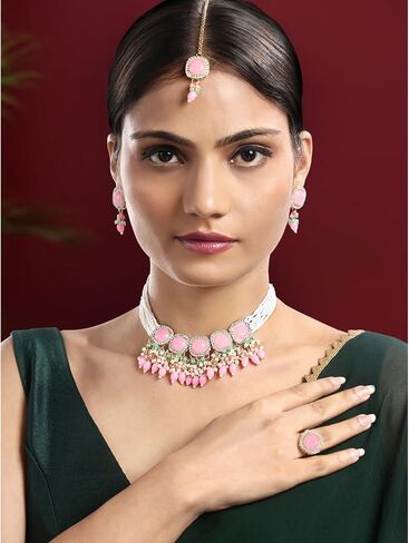 مجموعة مجوهرات Aheli Bharatanatyam من كريستال النعناع والوردي والخرز مرصعة بأقراط متدلية Maangtikka وخاتم هدية مجوهرات عصرية عرقية للنساء in Kuwait