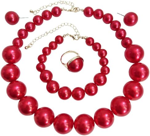 Chunky Beads Jewelry Set Boho Large Simulated Pearl Statement Colorful Beaded Necklace Bracelet Earrings Ring Set Holiday Party Bride Outfit for Women in Kuwait