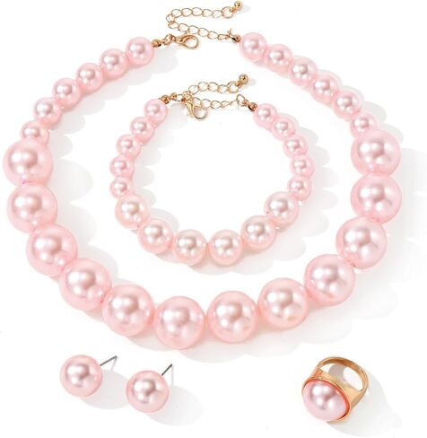 Chunky Beads Jewelry Set Boho Large Simulated Pearl Statement Colorful Beaded Necklace Bracelet Earrings Ring Set Holiday Party Bride Outfit for Women in Kuwait
