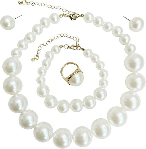 Chunky Beads Jewelry Set Boho Large Simulated Pearl Statement Colorful Beaded Necklace Bracelet Earrings Ring Set Holiday Party Bride Outfit for Women in Kuwait