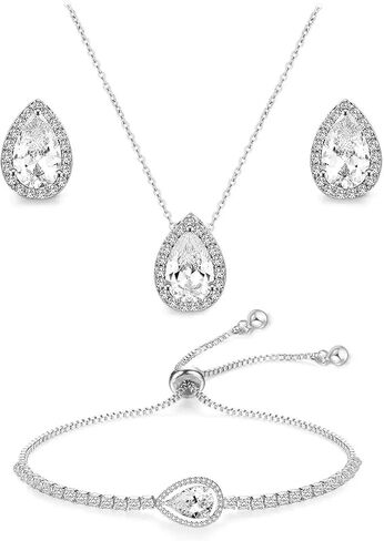 Wedding Cubic Zirconia Teardrop Pendant Necklace Stud Earrings Bracelet Bridal Jewelry Set for Women Bridesmaid Prom in Saudi Arabia