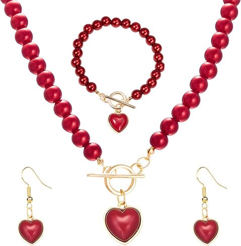 Red Pearl Heart Jewelry Set Sweet Love Heart Earrings Gold Toggle Clasp Beaded Necklace Bracelets Charm Valentine's Day Wedding Prom Jewelry Gift in Kuwait