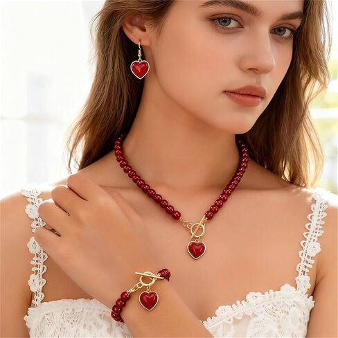 Red Pearl Heart Jewelry Set Sweet Love Heart Earrings Gold Toggle Clasp Beaded Necklace Bracelets Charm Valentine's Day Wedding Prom Jewelry Gift in Kuwait