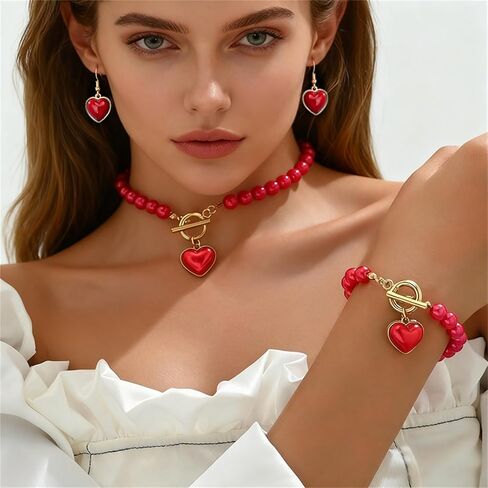 Red Pearl Heart Jewelry Set Sweet Love Heart Earrings Gold Toggle Clasp Beaded Necklace Bracelets Charm Valentine's Day Wedding Prom Jewelry Gift in Kuwait