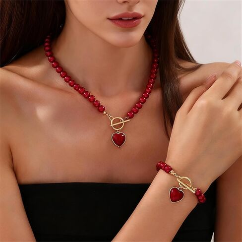 Red Pearl Heart Jewelry Set Sweet Love Heart Earrings Gold Toggle Clasp Beaded Necklace Bracelets Charm Valentine's Day Wedding Prom Jewelry Gift in Kuwait