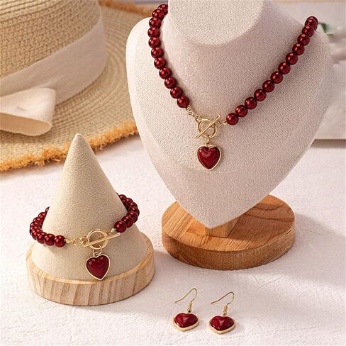 Red Pearl Heart Jewelry Set Sweet Love Heart Earrings Gold Toggle Clasp Beaded Necklace Bracelets Charm Valentine's Day Wedding Prom Jewelry Gift in Kuwait