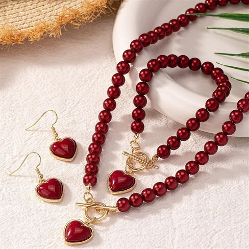 Red Pearl Heart Jewelry Set Sweet Love Heart Earrings Gold Toggle Clasp Beaded Necklace Bracelets Charm Valentine's Day Wedding Prom Jewelry Gift in Kuwait
