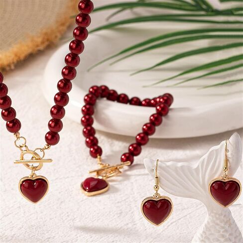 Red Pearl Heart Jewelry Set Sweet Love Heart Earrings Gold Toggle Clasp Beaded Necklace Bracelets Charm Valentine's Day Wedding Prom Jewelry Gift in Kuwait