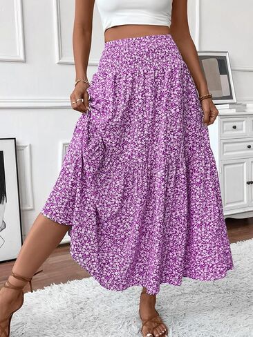 Women's Smocked High Waist Maxi Skirt Casual Boho A-line Long Skirts with Pockets in Kuwait
