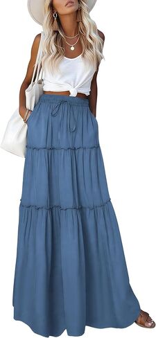 Womens Summer Maxi Skirt Drawstring Elastic High Waist Skirt Tie Long Skirts A-Line Skirts Flower Boho Dress 2026 Clothes(1-Gray Blue,Large) in Saudi Arabia