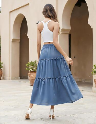 Womens Summer Maxi Skirt Drawstring Elastic High Waist Skirt Tie Long Skirts A-Line Skirts Flower Boho Dress 2026 Clothes(1-Gray Blue,Large) in Saudi Arabia
