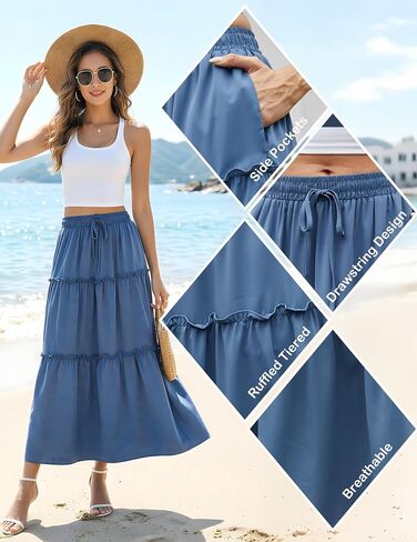 Womens Summer Maxi Skirt Drawstring Elastic High Waist Skirt Tie Long Skirts A-Line Skirts Flower Boho Dress 2026 Clothes(1-Gray Blue,Large) in Saudi Arabia
