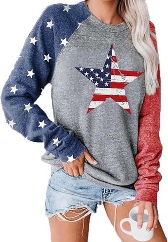 Womens Star Print Colorblock Shirt Long Sleeve American Flag 4th of July Pullvoer Blouse Tops in Saudi Arabia