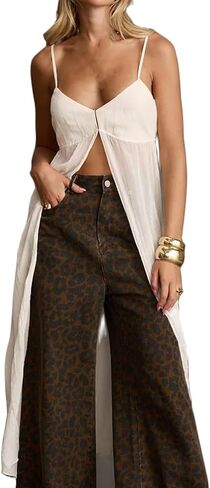Women Split Front Sheer Flowy Long Cami Shirt Tank Top Sleeveless Spaghetti Strap Maxi Dress See Thru Beach Coverup in Saudi Arabia