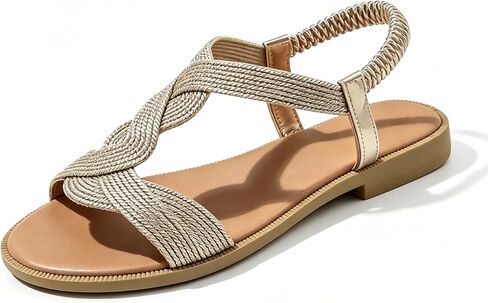 Women's Braided Flat Sandals, Metallic Woven Toe-Ring, Lightweight Resort & City Casual Shoes in Kuwait