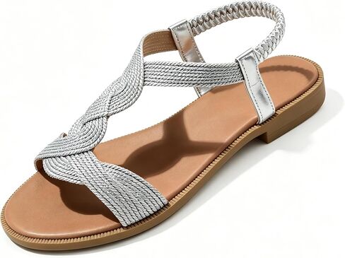 Women's Braided Flat Sandals, Metallic Woven Toe-Ring, Lightweight Resort & City Casual Shoes in Kuwait