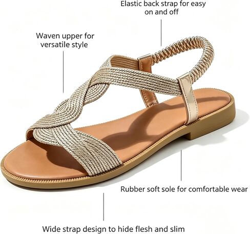 Women's Braided Flat Sandals, Metallic Woven Toe-Ring, Lightweight Resort & City Casual Shoes in Kuwait
