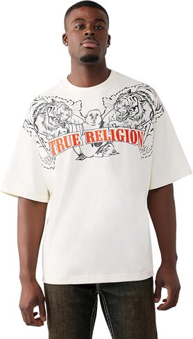 تي شيرت رجالي كبير الحجم بأكمام قصيرة وشعار النمر من True Religion - تي شيرت قطن 100%، مريح وناعم، وملاءمة متينة in Kuwait