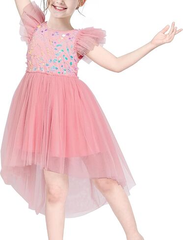 Sunny Fashion Girls Dress Pink Sequin Wedding Hi-Low Tulle Skirt Tutu Flutter Sleeve in Kuwait