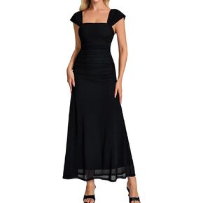 EYNMIN Summer Floral Maxi Long Dress Cap Sleeve Square Neck Ruched Bodycon A Line Mesh Formal Wedding Guest Dresses for Women in Saudi Arabia
