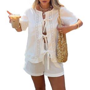 Women Summer 2 Piece Sets Short Short Sleeve Tie Front Tops and Shorts Cotton Pajamas Lounge Set in Saudi Arabia