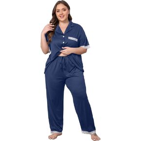 Vozanet Women Short Sleeve Long Pants Pajama Sets Lace Trim Button Down Sleepwear Plus Size Knit Loungewear Sexy Nighty in Saudi Arabia