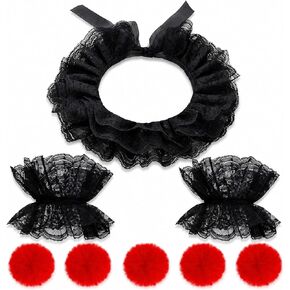 8PCS Clown Collar Set with Elastic Lace Cuffs and Red Pom Poms | Layered Black Lace Style for Clown, Jester, Victorian, Halloween, Masquerade, Cosplay, Stage Party and Photo Booth Looks Fun in Saudi Arabia