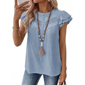Falechay Women's Boho Blouse Summer Ruffle Sleeve Tops Lace Crochet Split Neck Shirts Pleated Textured Top Casual Elegant in Saudi Arabia