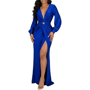 HWP Women Deep V Neck Dress Sexy Long Sleeve Maxi Dress Elegant High Split Formal Cocktail Party Maxi Dress in Saudi Arabia