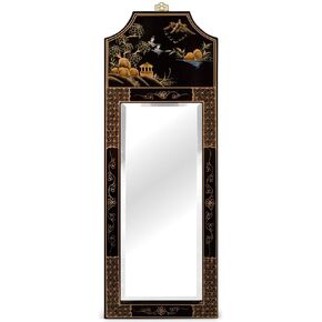 Black Lacquer Chinoiserie Scenery Motif Panel Oriental Mirror in Saudi Arabia