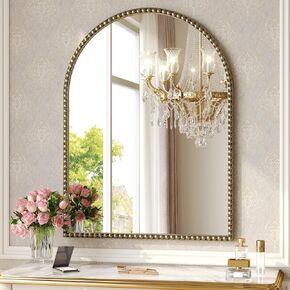 Champagne Bronze Arched Mirror 24"x32", Champagne Bronze Mirror for Bathroom, Entryway, Bedroom, Fireplace, Over Sink, Vintage Gold Arch Mirror with Metal Beaded Frame in Saudi Arabia
