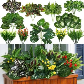 25 Bundles Outdoor Artificial Plants and Flowers Greenery Stems UV Resistant Fake Stems Plastic Leaves for Front Porch Home Decor Garden Porch Planter Window Box in Saudi Arabia