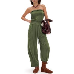 Womens Sleeveless Strapless Summer Jumpsuits Off Shoulder Drawstring One Piece Jumper Romper Outfits with Pockets in Saudi Arabia