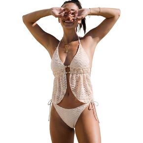 Women Ruffle Frill Bikini Beaded Halter Swimsuit Tie Side Sexy Thong Bathing Suit Textured Tankini in Saudi Arabia