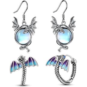 2 Pairs Fantasy Dragon Earrings for Women Men, Gothic Jewelry Unique Cute Animal Earrings Moonstone 925 Sterling Silver Dragon Gifts for Mom Gifts in Kuwait