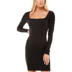 ULTRA FLIRT Womens Body Con Short Dress Black Ribbed Long Sleeve Square Neck Cocktail Solid Juniors S in Kuwait