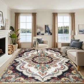 8x10FT Washable Area Rug for Living Room, Vintage Boho Floral Medallion Rug, Non-Slip Low Pile Indoor Carpet for Bedroom, Dining Room, Home Office（Beige White） in Saudi Arabia