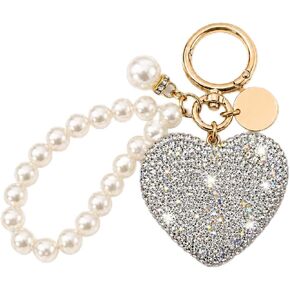 Rhinestone Heart Keychain with Pearl, Gold Tone Sparkly Bling Key Ring, Cute Bag Charm & Key Holder for Women in Saudi Arabia