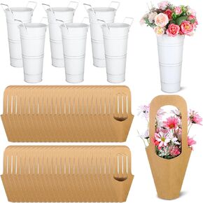 56Pcs Flower Bar Buckets Set 6 Galvanized Flower Bucket 50 Packs Kraft Paper Flowers Gift Bags with Handle Rustic Flower Bucket Vases Metal Vase for Flower Bar Home Garden Wedding Parties Florist Shop in Saudi Arabia
