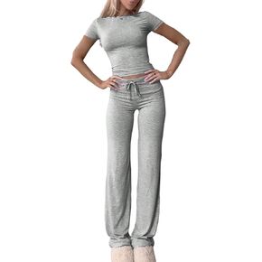 MARZXIN Women's 2 Piece Lounge Sets Straight Leg Pants Set Short Sleeve Crewneck Crop Tops and Long Pants Tracksuit Outfits in Saudi Arabia