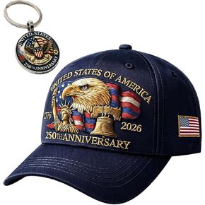 250th Anniversary USA Hat, USA 250th Anniversary Merchandise, 2 Pcs Set with Eagles Hat and Keychain for Patriotic Celebrations and Historical Commemorations, Embroidered Eagles Design Blue in Saudi Arabia