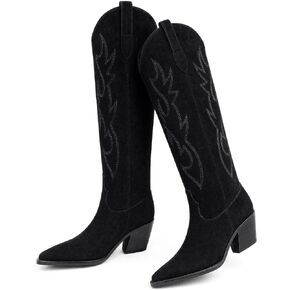 Cowboy Boots for Women - Knee High Cowgirl Boots, Pointed Toe Faux Suede Western Boots with Embroidered Pull-On Shaft and 2.76 Inch Block Heel in Saudi Arabia