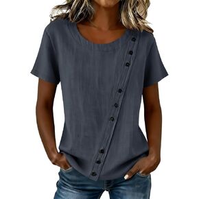 Womens Asymmetric Button Top Round Neck Gathered Hem Cotton Linen Summer Blouse in Saudi Arabia