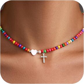 WomenGifts Colorful Beaded Cross Pendant Necklace, Trendy Heart Choker Jewelry for Teen Girls Women, First Communion Confirmation Baptism Catholic Religious Perfect Valentine's Gifts in Saudi Arabia