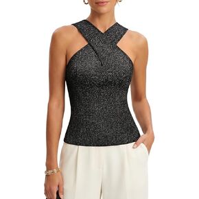 DRESSTELLS قطع علوية نسائية متقاطعة بدون أكمام متماسكة سترة مضلع سترة سترة صيفية غير رسمية سباركلي in Kuwait