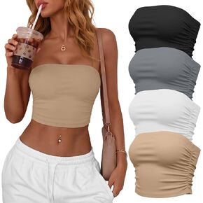 4 Pack Women's Crop Tube Tops Sleeveless Strapless Bandeau Tank Tops Slim Fit Side Ruch Going Out Y2k Sexy Shirts in Saudi Arabia